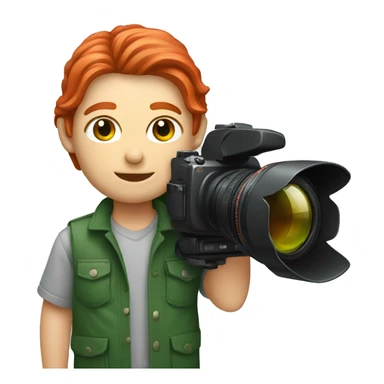 A photographer with red long hair and green eyes and a Sony camera sticker