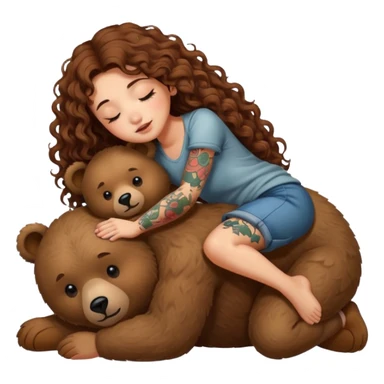 cute woman long curly brown hair tattoos riding sleepy bear sticker