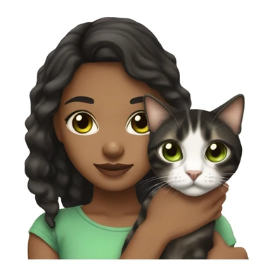Young black woman brown eyes and black hair holding a white and brown tabby cat with green eyes sticker