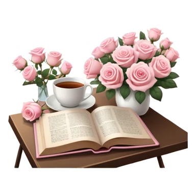 A cozy reading nook with an open book, a steaming cup of tea, and a bouquet of pale pink roses. sticker