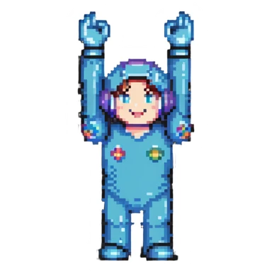 Retro video game character celebrating with arms raised sticker