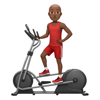 dark skin bald African American man on elliptical machine with red tank shirt and black shorts sticker