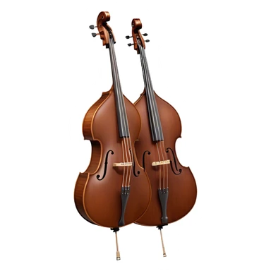 Create an elegant and detailed emoji representing a Gliga Gama double bass with bow. The design should showcase the large, sleek body of the double bass with its rich wood finish, including the characteristic curves and deep tone holes. The bow should be elegantly positioned next to the instrument, highlighting the hair and smooth wooden stick. Use warm wood tones like chestnut brown for the body of the bass, silver accents for the fittings, and dark brown for the bow. Add subtle musical notes or sound waves flowing from the bass to represent its deep, resonant sound. The background should be transparent. sticker