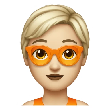 White girl with really short bangs which above the eyebrow and short hair wearing orange sunglasses sticker