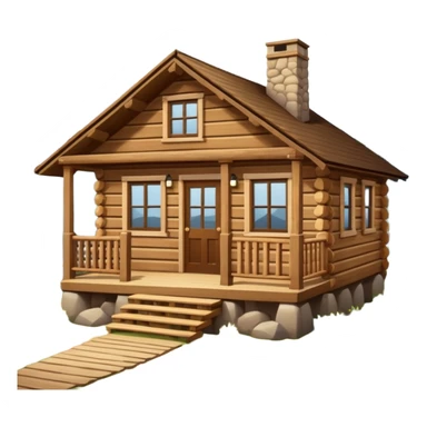 A rustic wooden cabin with horizontal log-style siding and a small front porch enclosed by crossed wooden railings. The cabin has a simple rectangular shape, a sloped roof, and warm brown wood tones throughout. sticker
