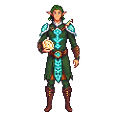 elf male Short wetsuit-style garb, glowing runes on skin, holding a conch horn. sticker