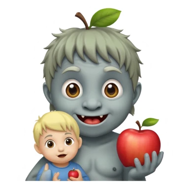 mischievous troll holding a small surprised toddler, playful, apple emoji style sticker