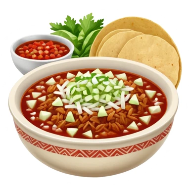 A delicious hot bowl of pozole rojo with the sides next to the bowl: chopped onions, shredded cabbage, lime wedges, red chile de arbol salsa, and full round tostadas sticker