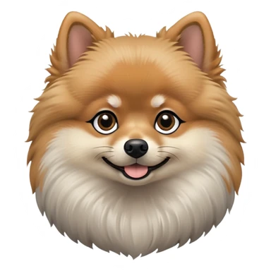 fluffy black and tan Pomeranian dog face, large round dark eyes, small black button nose, soft tan muzzle with subtle smile, two tan eyebrow spots, curious and alert expression, thick fluffy ruff of fur blending black, tan, and light gray, upright triangular ears with gray tips, friendly and cute sticker