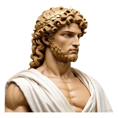 Cinematic Realistic Hercules Portrait, depicted as a classical Greek hero merging the fierce masculinity of Hercules with the refined face of Michelangelo's David. His light tan, chiseled skin glows with timeless strength, and his thick, curly, golden brown hair cascades in natural, sculpted curls reminiscent of a warrior’s mane. Draped in a flowing white robe with delicate golden accents and crowned with a traditional Greek laurel wreath, his intense, determined eyes exude noble might, all rendered under dynamic natural lighting with a mythic, radiant glow. sticker