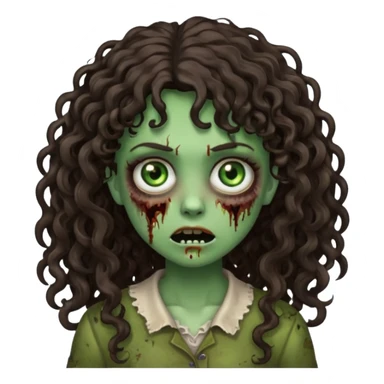 Emoji garota zombie com cabelo castanho escuro cacheado longo com franja cacheada sticker