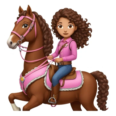 Realistic mixed race girl with long curly hair, riding a big draft horse, wearing pink harness and saddle  sticker