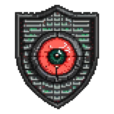 Shield badge with binary code pattern and a red warning eye symbol, cybersecurity expert sticker