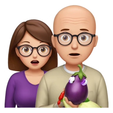 Woman with brown hair and huge boobs looks shocked at bald mand with glasses holding eggplant sticker