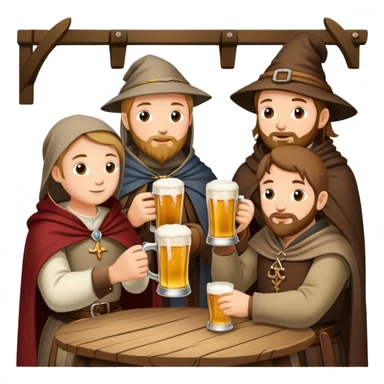 medieval pilgrims with cloaks drinking beer at a tavern sticker