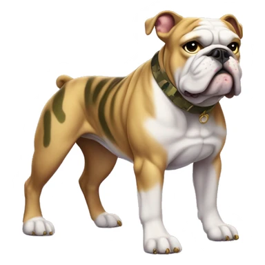 Bulldog with a muscular human body wearing a purple shirt, camouflage pants, and metallic gold boots sticker