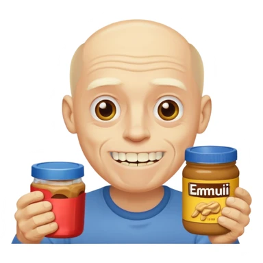 White man, barely any hair, lots and lots of wrinkles, bad yellow teeth, and peanut butter sticker
