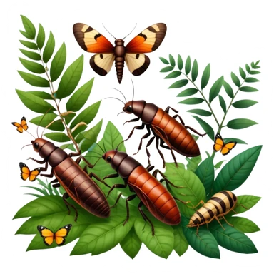 Close-up of giant Madagascar hissing cockroaches, butterflies, and stick insects in their natural habitat. The insects are shown in detail, highlighting their unique textures and colors, surrounded by plants and leaves. Soft lighting to enhance their features. Transparent background. sticker
