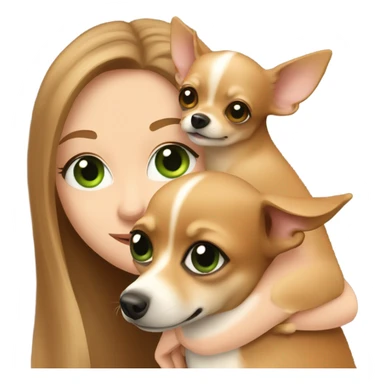 Long light brown hair, green eyes, caucasian lady hugging brown chihuahua with one ear folded sticker