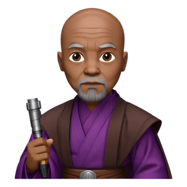 star wars master windu bald head, no facial hair, brown jedi outfit with purple lightsaber sticker