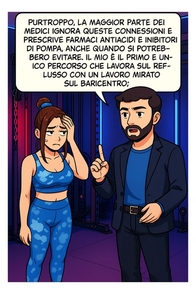TRASFORMA QUESTO CAROSELLO IN UN FUMETTO STILE WEBTOON/MANGA A COLORI CON QUESTE DUE PERSONE IDENTICHE CHE INTERLOQUISCONO TRA LORO, L'uomo sta spiegando alla donna questo concetto MENTRE LA DONNA SI TIENE la mano sulla fronte sconcertata:

LUI (UOMO): Purtroppo, la maggior parte dei medici ignora queste connessioni e prescrive farmaci antiacidi e inibitori di pompa, anche quando si potrebbero evitare.
Il mio è il primo e unico percorso che lavora sul reflusso con un lavoro mirato sul baricentro; sticker