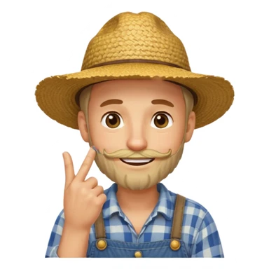 “A single emoji-style character combining 👨‍🌾😄 and 🤔: a smiling farmer man with a straw hat, friendly face, and light beard, holding one hand under his chin in a thinking gesture. His index finger rests under his face, eyes looking slightly upward as if thinking.  sticker
