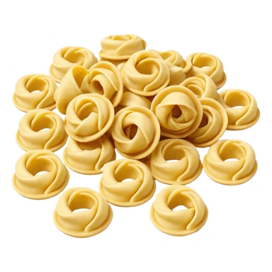 small ring-shaped tortellini pasta pieces, pale yellow color, smooth slightly flour-dusted surface, neatly folded with visible central pinch and curved edges, loose scatter or small cluster, no plate, sauce, or garnish, soft lighting, subtle shadows, emoji scale sticker