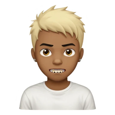 Black Male Teenager with Short punk messy blonde hair, Dark brown bushy eyebrows large expressive golden-brown eyes, wearing a plain white t-shirt, Dark Brown skin color. vampire tooth sticker