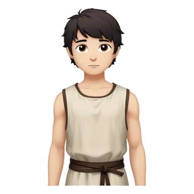 medieval summer outfit worn by a DnD themed fantasy male character. basic sleeveless cotton tunic with a simple, rounded neckline and a loose fit. clothes only above the waist. The clothes full waist. The character's haven't arms. character is white-skinned, black hair, brown eyes, short messy hair. sticker