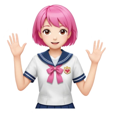Anime girl with short bright pink hair wearing Japanese sailor style school uniform, composed posture with hand on hip but energetically waving with other hand, excited smile and happy eyes sticker