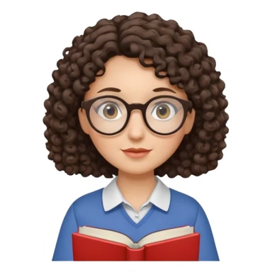 female English teacher with glasses and wearing a shirt, holding an English book. I have dark brown a little curly hair. My glasses are rather round than square shape. sticker