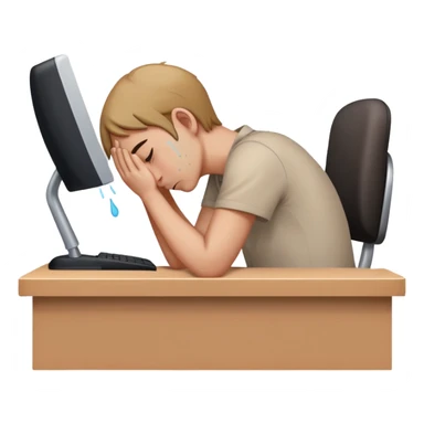 person sitting at a desk crying, head down sticker