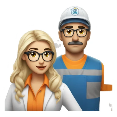 madison beer as barista with handsome blonde man, no beard but with mustache, blue/green eyes, glasses, wearing white hard hat that says ”gmc” in orange letters, orange safety vest, blue shirt on sticker