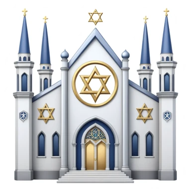 reform jewish synagogue similar in architecture to historical religious architecture in europe. the building should be white with silver/golden features, gothic architectural elements and star of david. no crosses. the emoji should be in ios emoji style. sticker