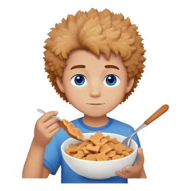 An 11 year old boy with fluffy hair low taper fade and blue eyes with a bowl of cinnamon toast crunch  sticker