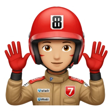 Person wearing red f1 helmet with hands saying 8 7 sticker