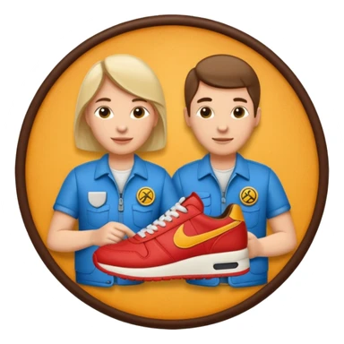 circular achievement style badge featuring two people working together making a sneaker sticker