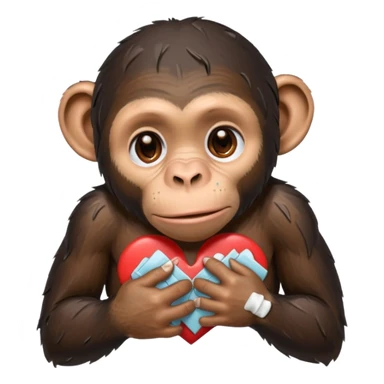 sad cartoon chimpanzee with tears, placing bandaids on a broken heart sticker