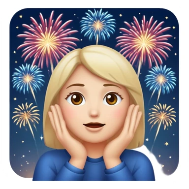 classic emoji style face with hands on cheeks, looking up at fireworks sticker