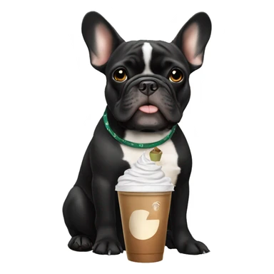 Black and tan French bulldog that is mostly black holding a Starbucks iced chai sticker