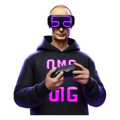 Vladimir Putin wearing a black hoodie with "OMG" letters on it and VR headset oculus quest 2 in a cyberpunk VR environment with violet neon lighting. sticker