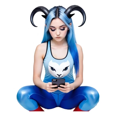 Disapponted-big tears-head back texting on phone-very very large upper body-sexy face-bending forward at waist-very long very straight dark blue to light blue ombre hair-and-blue eyes-thick black eyeliner-cute goat horns-iridescent blue lowcut tanktop with black leggings with glitter superman logo sticker