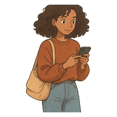 ghibli style brown woman with curly hair, it girl, daily life, daily activities sticker