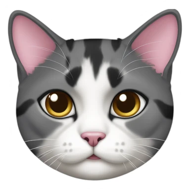 senior fat diluted calico cat, white chin, black and pink nose, grey ears, grey and white sticker