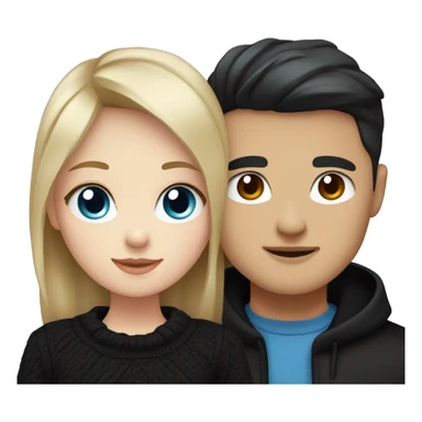 dark Blonde girl with blue eyes in black sweater and an east asian with light skin man with black hair and black eyes hugging sticker