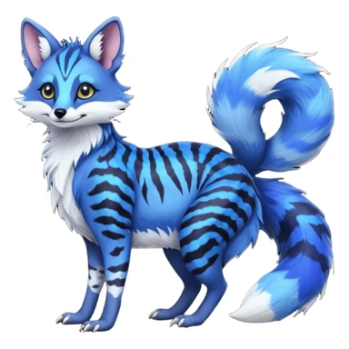 Feral chubby floofy fluffy cute soft silky furry Rare Fantasy vibrant dark shady shaded detailed deep-dark-cobalt-blue-gradients-colored colorful Vernid-Sergal-Genet-Trico-Fox-species by LiLaiRa, with dark-blackish points, white belly, random markings, tufted tail, tufted ears, full body sticker