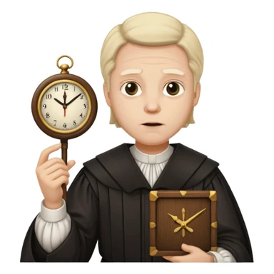 a 1600s judge with a hurried expression holding a clock that is UNFAIR sticker