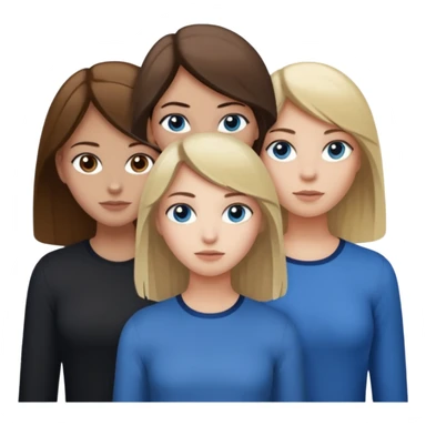 a trio of people where one girl in the back has white skin, brown hair, and brown eyes; another girl in the back has white skin, dirty blonde hair, and blue eyes; and the girl in the front has tan skin, dark brown hair and dark brown eyes. sticker