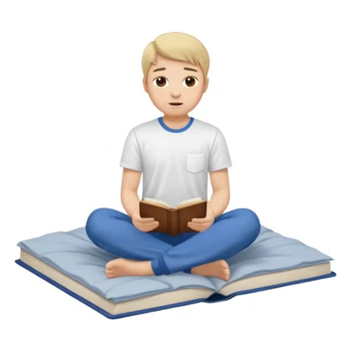 bed with a wrinkled blanket, the pillow out of place on the floor. t-shirt, pants, and an open book on the floor. sticker