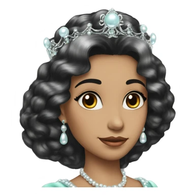 Regal pretty lady cheekbones crown vintage with very long iridescent black and silver hair wavy black hair pearl crown iridescent sticker